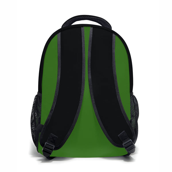 The back view of this back pack displays the normal green with black straps.