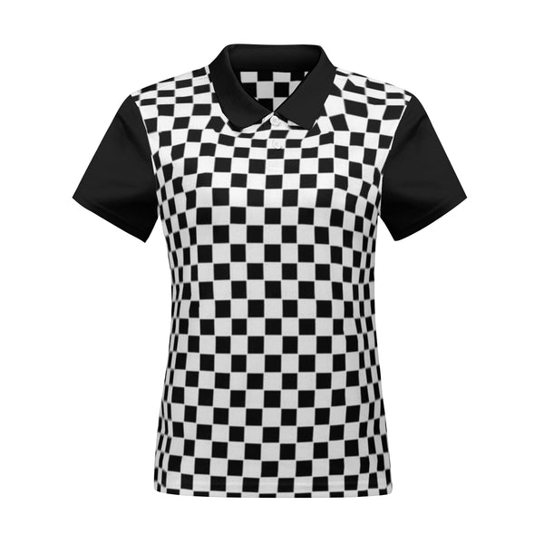 Enjoy the lady's checkered polo shirt for the rest of the summer season by New Unique Stuff. The black-white blend checker looks with the black collar and sleeves add a nice touch to an overall attractive design. 