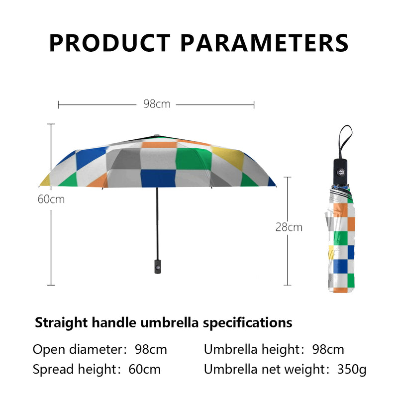 The Multi-color Checkered Umbrella straight handle specifications of 98 cm by height and diameter with a weight of 350 grams and spread height of 60 cm.