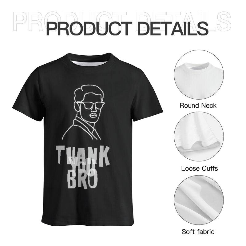 The Thank You Bro T-Shirt has a round neck on the collar, loose cuffs, and is soft fabric.