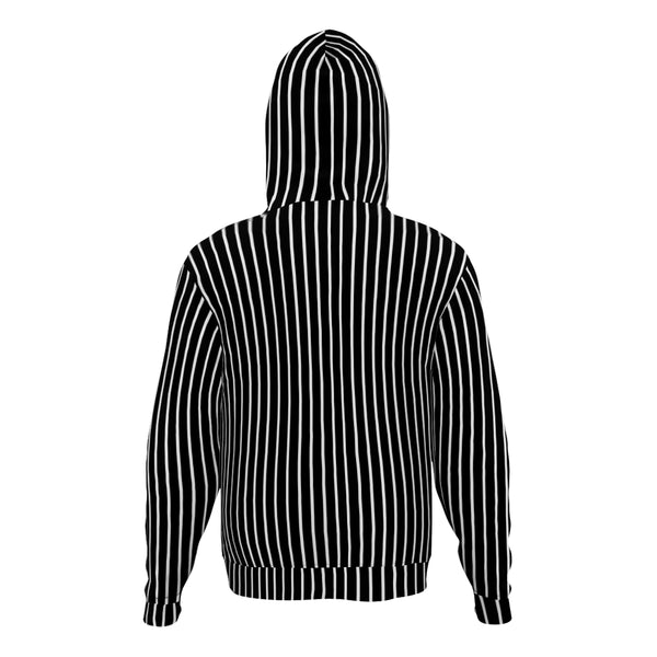 The back view of this hoodie is similar with front with black background and white vertical lines all over.