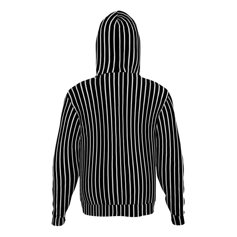 The back view of this hoodie is similar with front with black background and white vertical lines all over.