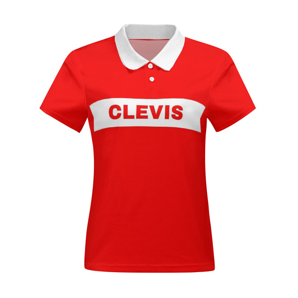 The lady's Clevis Two Short-sleeve shirt by New Unique Stuff is polyester with white buttons and a white collar with the name Clevis in red capital letters centered in a white arrow block concave. 