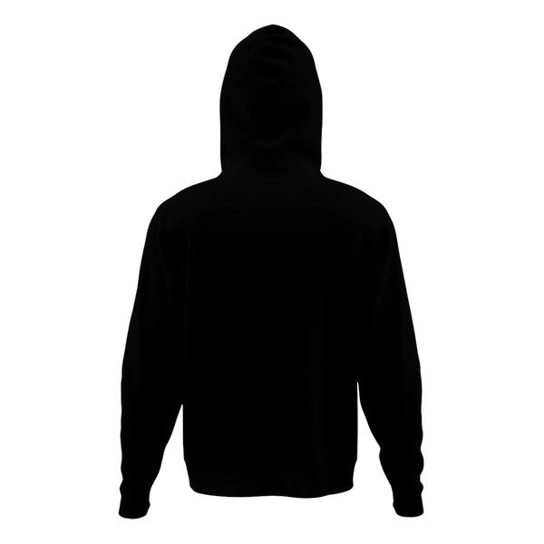 The Black Hoodie from the back view is made of air-layer fabric with a moderate feel to the material.