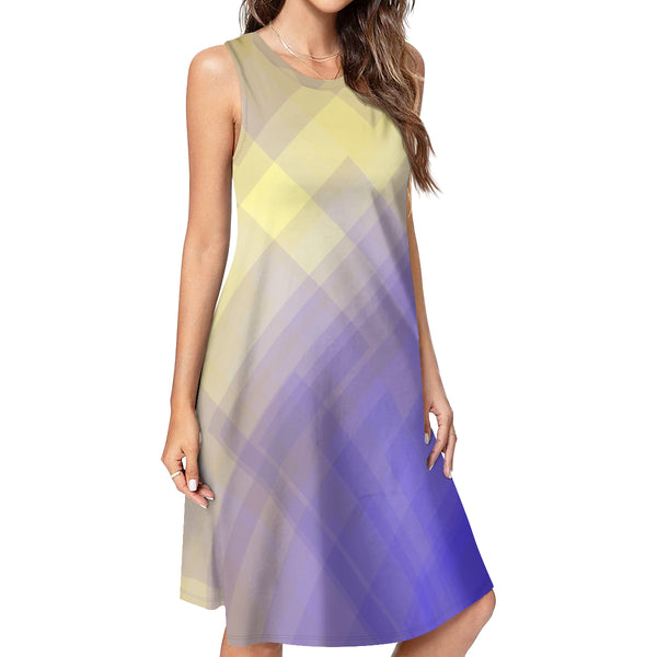 The elegant blue-yellow casual dress by New unique Stuff present a round neckline with pockets on both sides, knee-length, stretchy, flowy and loose casual and comfortable, cool and breathable, unique all-over print sleeveless dress.