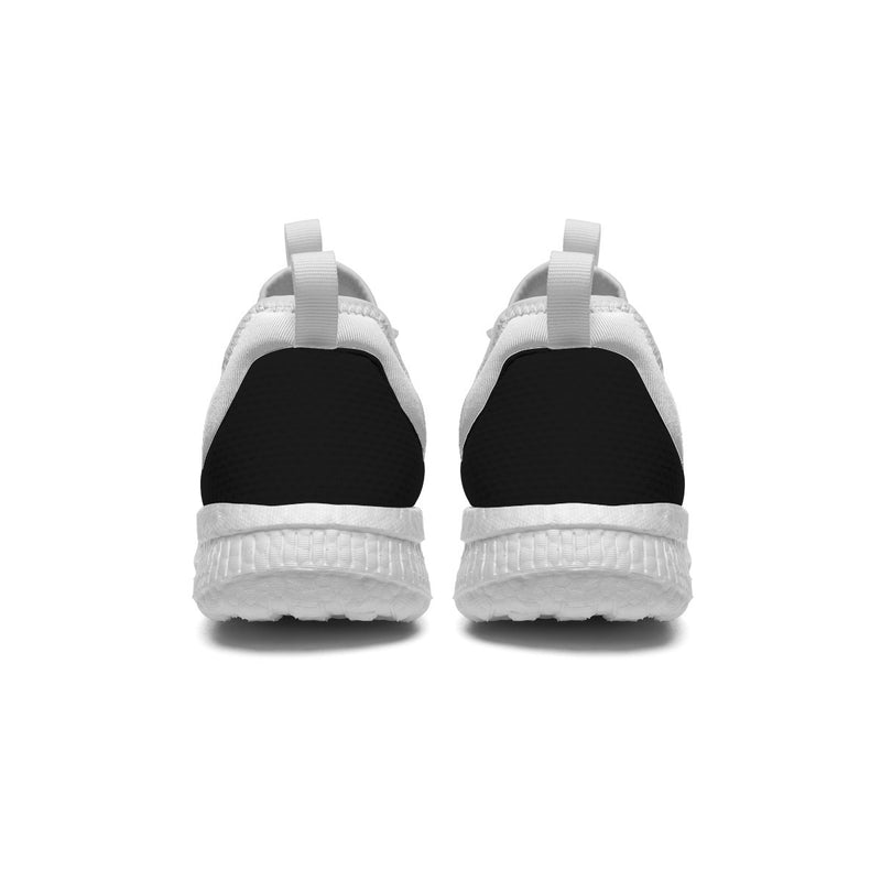 The Black New White sneakers by New Unique Stuff display the back view of an all-black heel and heel counter with a collar strap, midsole, and outer sole, in white.