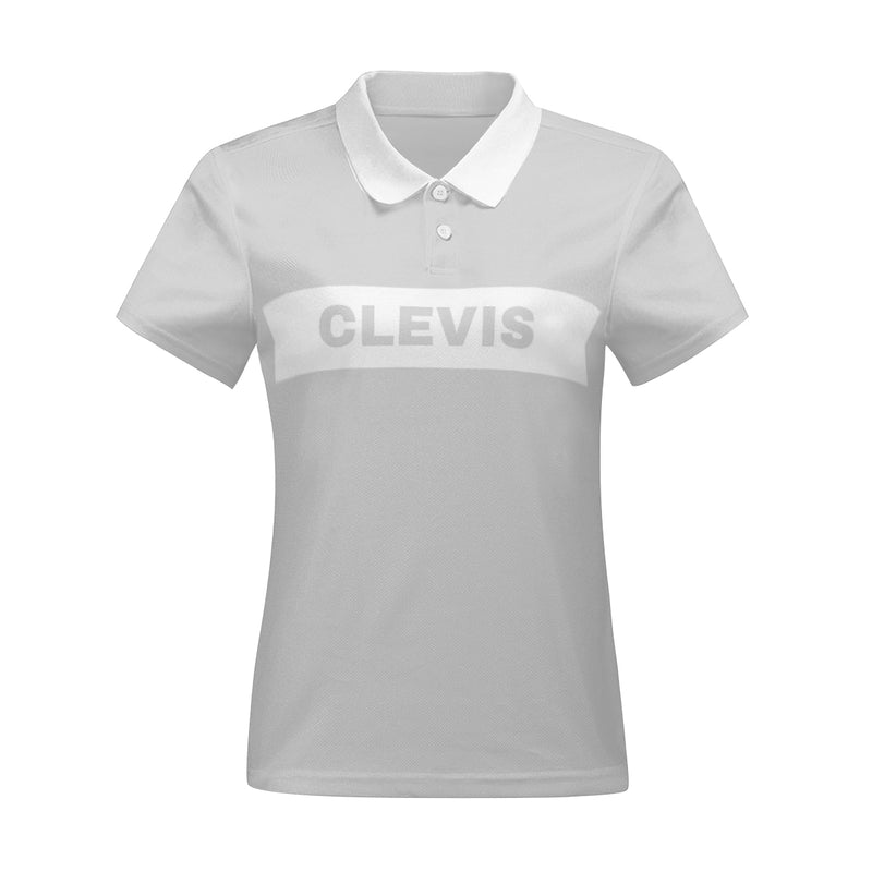 The lady's Clevis Four Short-sleeve shirt by New Unique Stuff is polyester with white buttons and a white collar with Clevis in grey capital letters centered in a white arrow block concave.