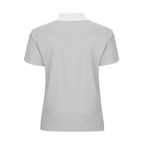 The back view of this ladies' Polo shirt made exclusively by New Unique Stuff features the plain grey on the back with the white collar giving it a nice look to a vintage shirt.