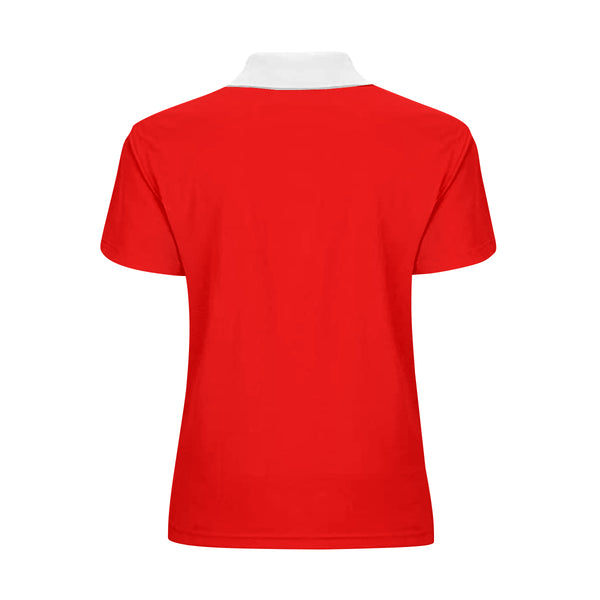 The back view of this ladies' Polo shirt made exclusively by New Unique Stuff features the plain red of the back with the white collar giving it a nice look to a vintage shirt.