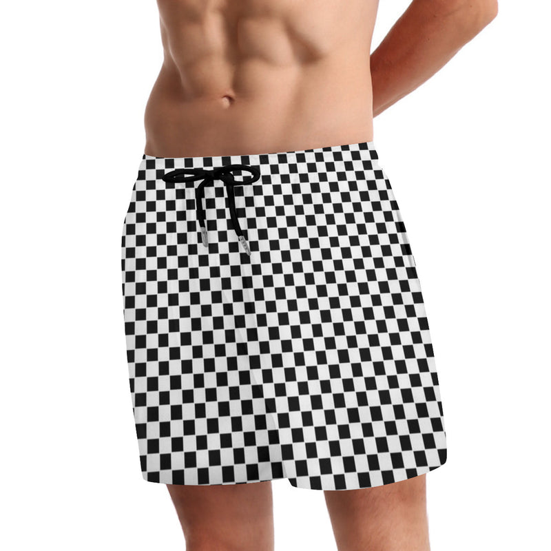 The Checker Beach Shorts by New Unique Stuff is made with an elastic waistband, adjustable  black drawstring, can be adjusted at will.