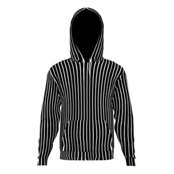 This Track lines One hoodie comes in black with white stripes with adjustable string and a kangaroo pocket to hold small items in place.