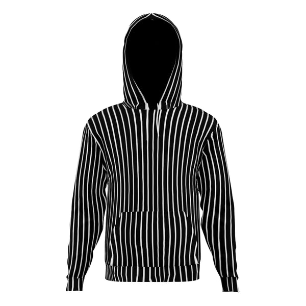 This Track lines One hoodie comes in black with white stripes with adjustable string and a kangaroo pocket to hold small items in place.