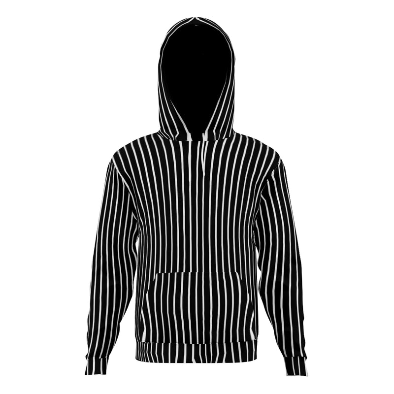 This Track lines One hoodie comes in black with white stripes with adjustable string and a kangaroo pocket to hold small items in place.