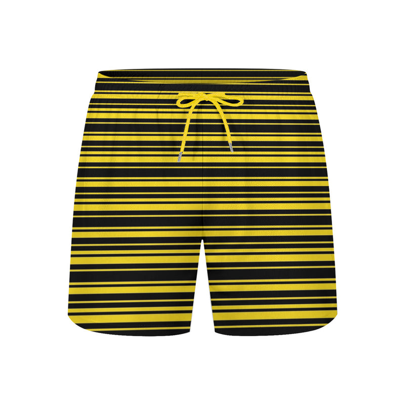 The Yelblack Beach Shorts by New Unique Stuff provide color options for yellow adjustable strings to adjust at will.