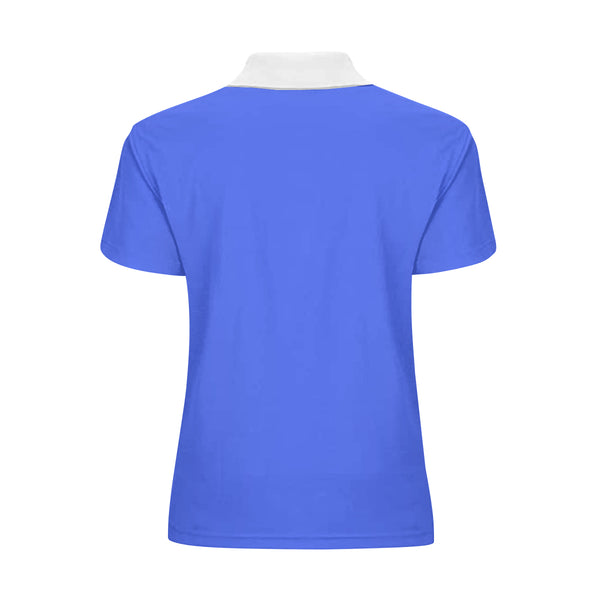 The back view of this ladies' Polo shirt made exclusively by New Unique Stuff features the plain blue of the back with the white collar giving it a nice look to a vintage shirt.