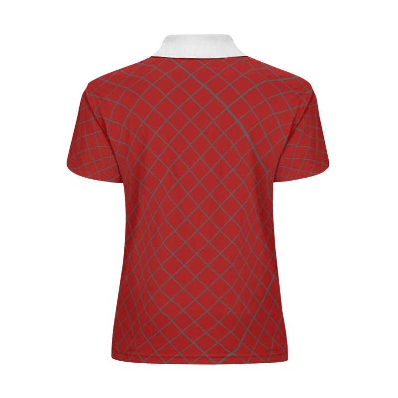 Enjoy this Women's web red polo shirt by New Unique Stuff. The nice blend of the red background with the diagonal lines crossing over the entire shirt gives the design a boost coupled with the finishing touch with the white collar plus matching color buttons adds a nice touch to the overall appearance.