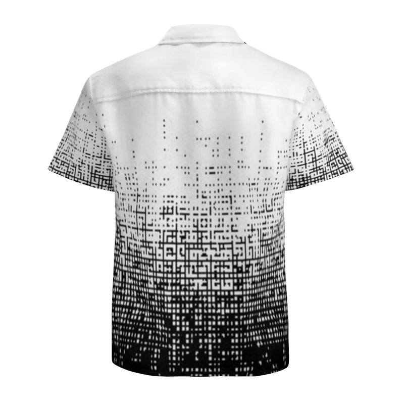 The back view of this Half-Tone shirt look has arrived here at New Unique Stuff with displaying fine black dots lightly scattered with circle bar shapes mixed in detail on a white background. The black trim surrounding gives a nice look..