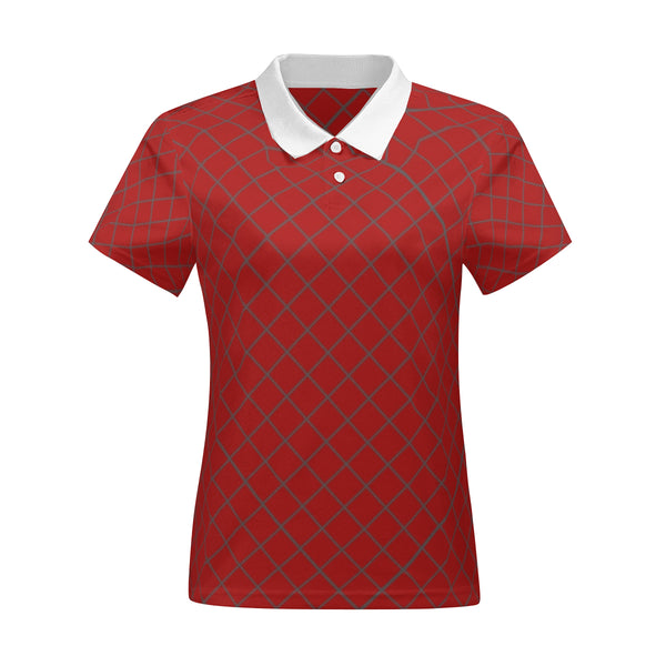 Enjoy this Women's web red polo shirt by New Unique Stuff. The nice blend of the red background with the diagonal lines crossing over the entire shirt gives the design a boost coupled with the finishing touch with the white collar plus matching color buttons adds a nice touch to the overall appearance.