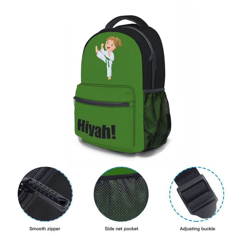 This back pack from the side view provides a smooth zipper with side net pockets and adjustable buckle.