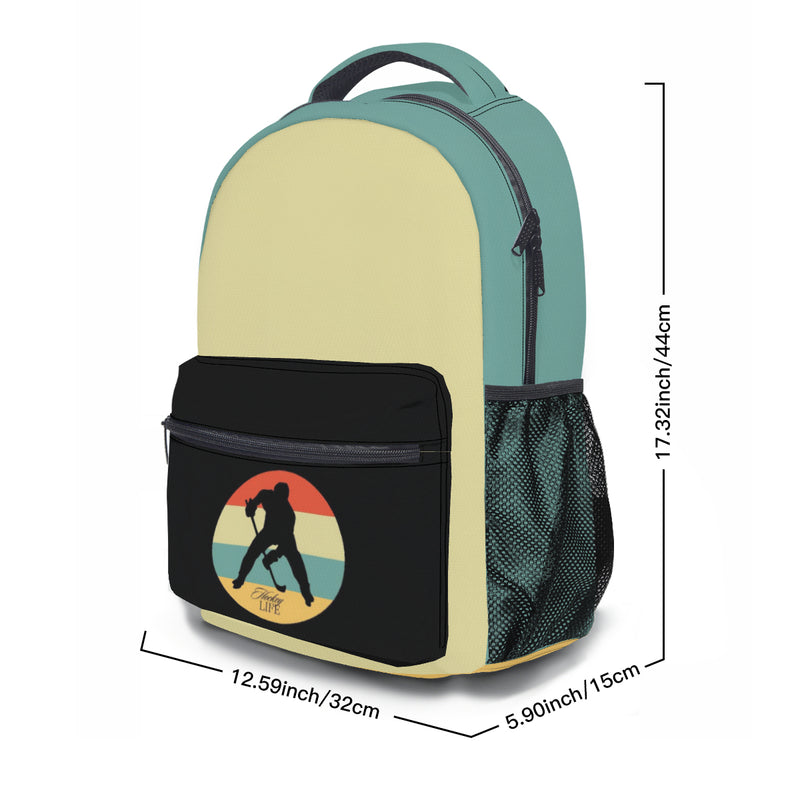 The size of this Hockey Life Backpack is  bottom 5.9 by 12.5 inches with a height of 17.3 inches. The side view shows the blue colored backgroiund along the zip lines of the backpack going down to each side vertically to where  the mesh ends. 