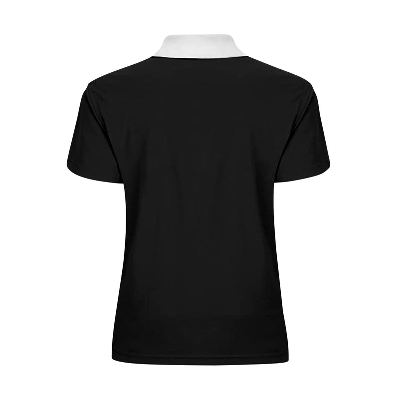 The back view of this ladies' Polo shirt made exclusively by New Unique Stuff features the plain black of the back with the white collar giving it a nice look to a vintage shirt.