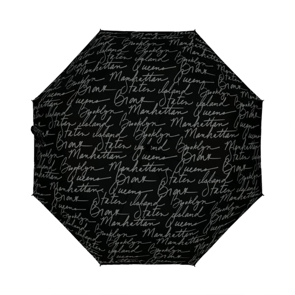 The Yorker Umbrella is made of Polyester with a list of places in grey color writing on a black background while waiting or walking for the public to see. 