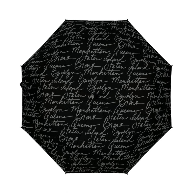 The Yorker Umbrella is made of Polyester with a list of places in grey color writing on a black background while waiting or walking for the public to see. 