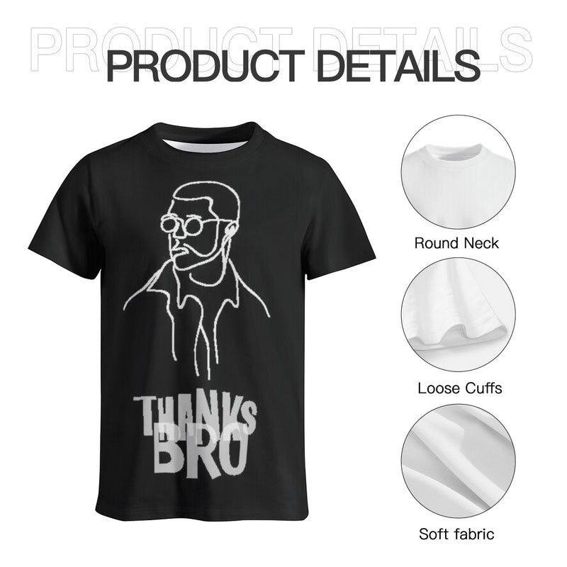 The Thanks Bro -shirt has a round collar, loose cuffs, and soft fabric. Hand wash or machine wash, do not soak for a long time, do not bleach, do not exceed 45ºC