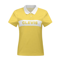 The lady's Clevis Five Short-sleeve shirt by New Unique Stuff is polyester with white buttons and a white collar with Clevis in yellow capital letters centered in a white arrow block concave. 