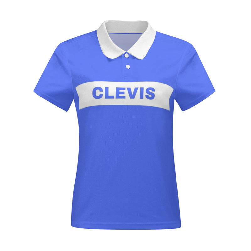 The lady's Clevis Three Short-sleeve shirt by New Unique Stuff is polyester with white buttons and a white collar with Clevis in blue capital letters centered in a white arrow block concave. 