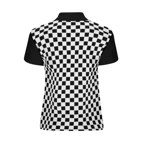 The lady's checkered polo shirt from the back view displays the design with matching lapel and sleeves makes for a great gift.