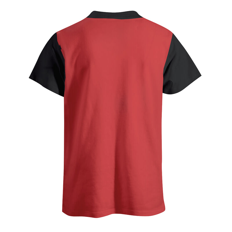 The back of this R shirt has the base Red color with black sleeves to match the front which presents a nice look from the back view whic will be of interest for those to see the front.