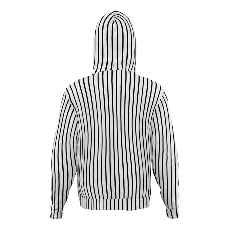 This track lines 2 hoodie has the same pattern as the front with vertical lines all over.