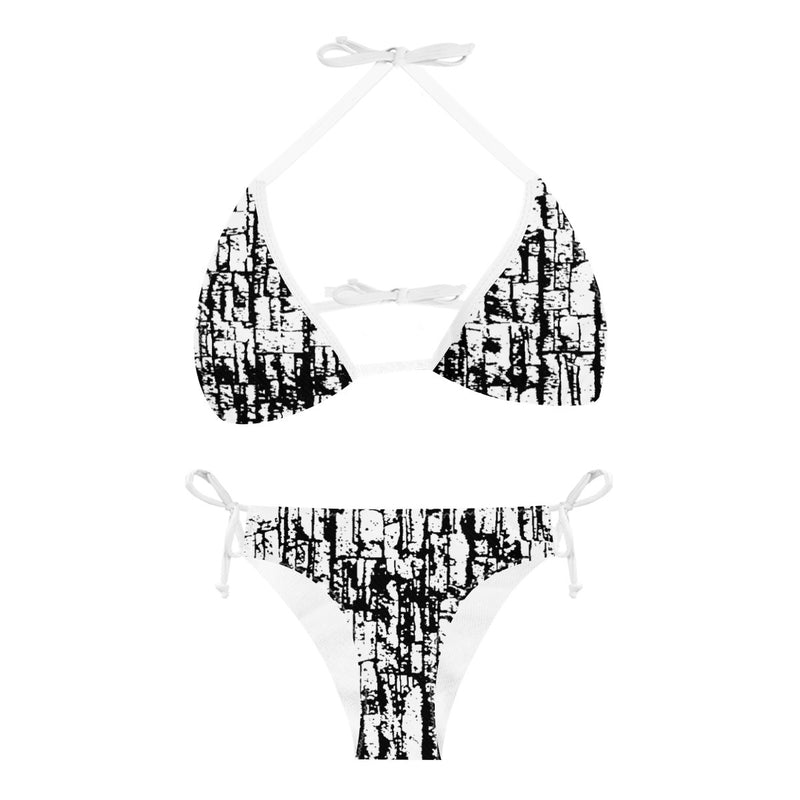 The Tree Chip One bikini set from the front view comes with a bikini triangle top and triangle bikini swim trunks.