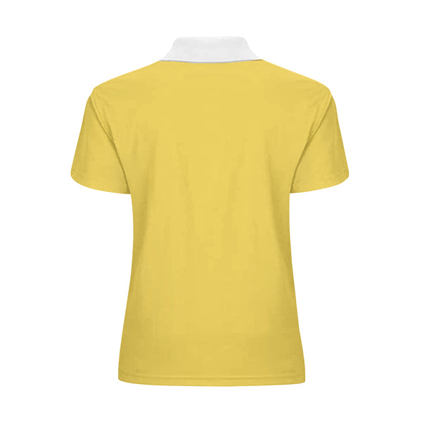 The back view of this ladies' Polo shirt made exclusively by New Unique Stuff features the plain yellow on the back with the white collar giving it a nice look to a vintage shirt.