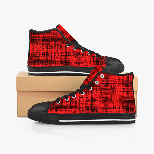 The red Streak sneakers display from the side view the nice red and black streaky design in full view from the side in opposite directions with one shoe higher than the other to showcase the look and style that shoe wearers would like to experience with a nice event to go wearing a pair.