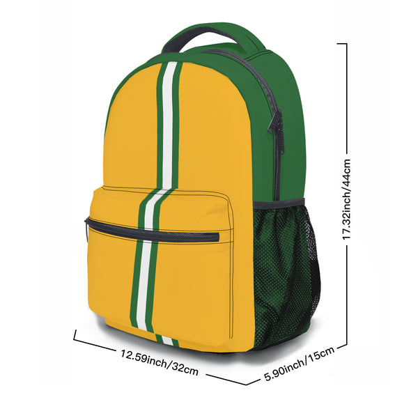 The size of this backpack: bottom 5.9 by 12.5 inches with a height of 17.3 inches. 