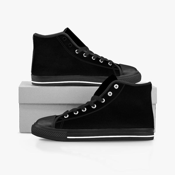 The Black Top High Cuts display from the side views the solid black color in full view from the side in opposite directions with one shoe higher than the other to showcase the look and style of the color black with a line of white which is standard for sole purposes.