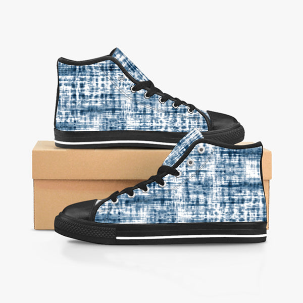 The side view of these Blue Streak sneakers displays the beautiful design in open view from the side in opposing directions with one shoe higher than the other to showcase the look that one would like to experience with a nice out with them.