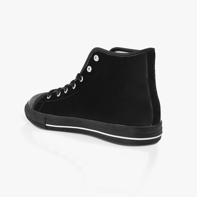 The Black Top High Cuts features a solid black background color with a black outer sole around the perimeter. The top line and lining have a black double stitch surrounding the top coming down the outsides of the black laces down to the black toe tip. The heel cap up to the top line features a thick black stripe to match the outer sole.