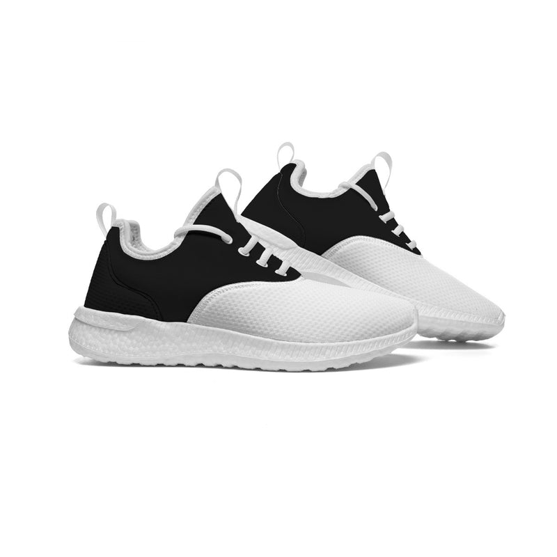 The Black New White sneakers by New Unique Stuff show with the top of the shoe being black from the heel to the tongue and the eyestay where the laces are set. However, the laces, the trimming, the collar, and the strap, the Toe cap, and the Toe vamp, remain white. 