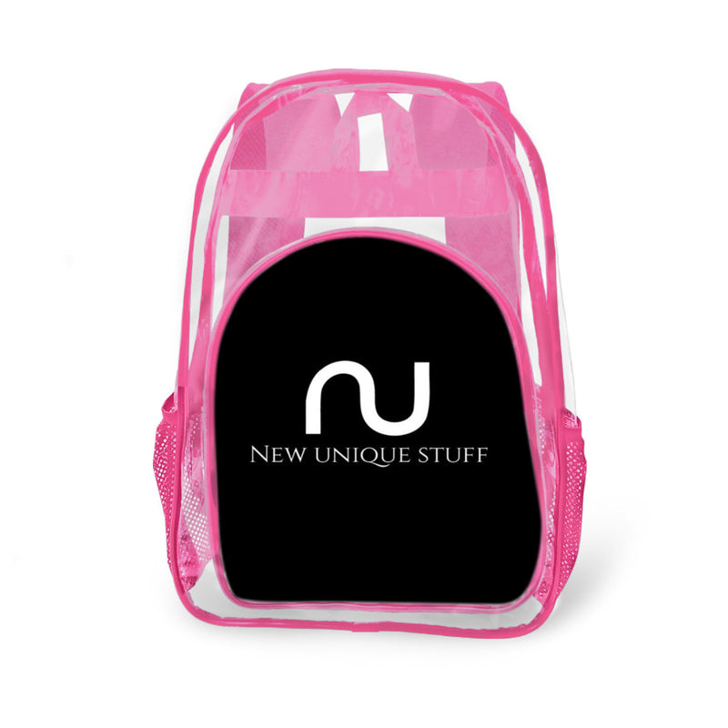 The New Unique Stuff  Backpack comes in pink except with the logo background pouch black and the white logo.