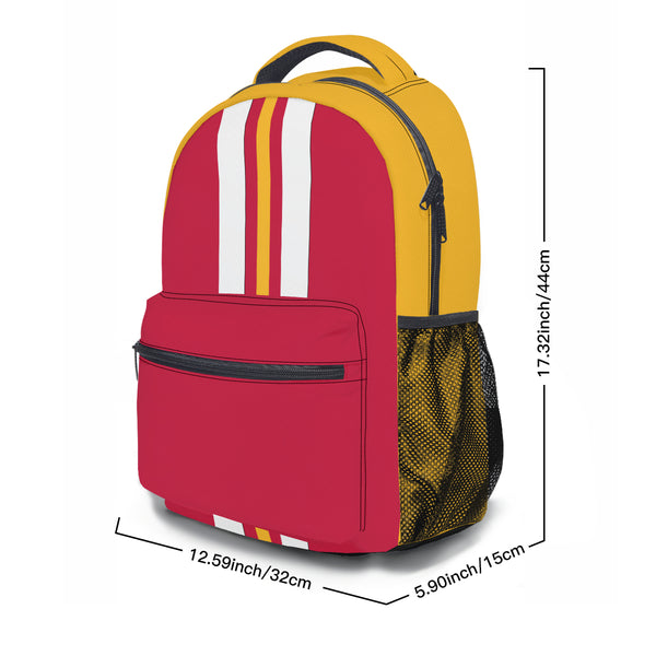 The size of this backpack: bottom 5.9 by 12.5 inches with a height of 17.3 inches. This Fire Engine Backpack come with two mesh side pockets.