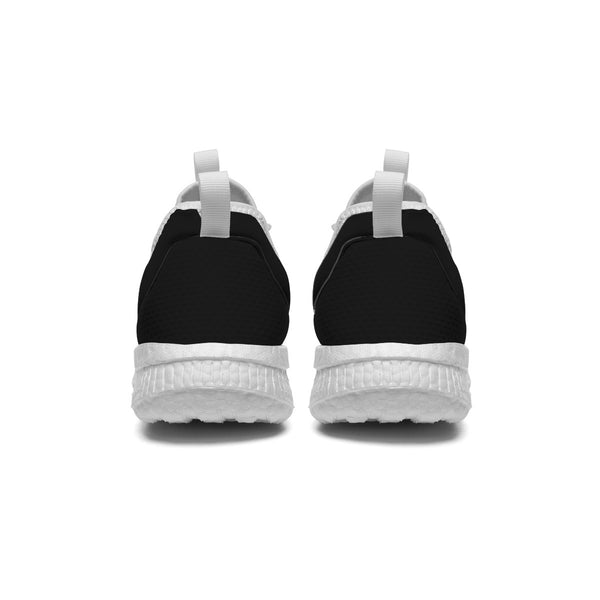 The Black New White sneakers by New Unique Stuff display the back view of an all-black heel and heel counter with a collar strap, midsole, and outer sole, in white.