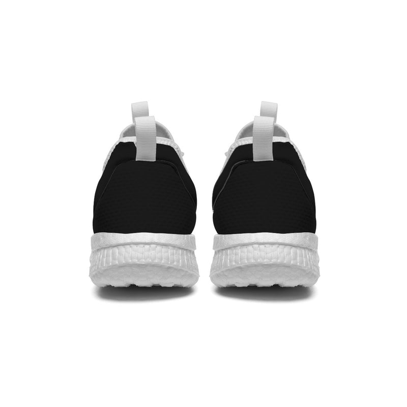 The Black New White sneakers by New Unique Stuff display the back view of an all-black heel and heel counter with a collar strap, midsole, and outer sole, in white.