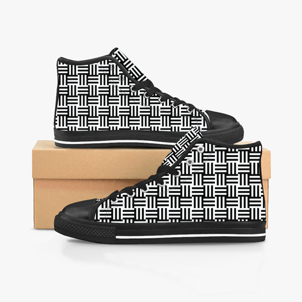 The side view of these Puzzling black and white sneakers displays the nice design in full view from the side in opposite directions with one shoe higher than the other to display the look that people would like to experience.