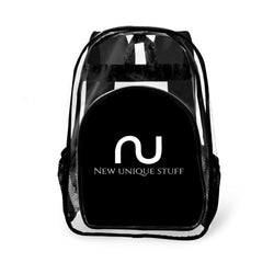 The New Unique Stuff Backpack comes in one size and is a fashionable and practical backpack created with high-quality transparency. The front view has the logo and the front pouch to hold the valuable items for privacy purposes..