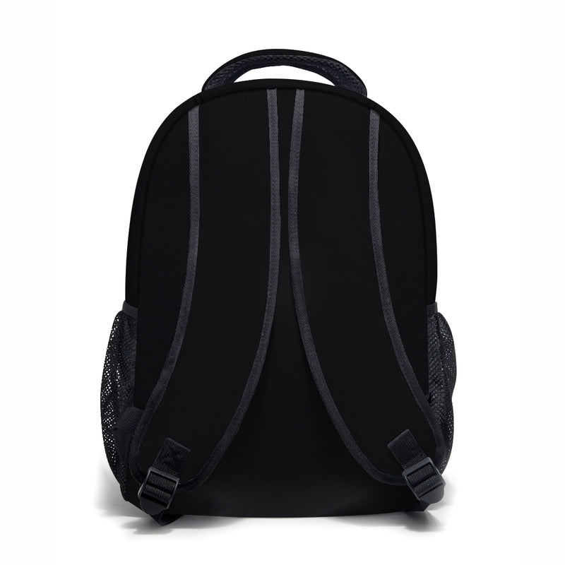 The White One Backpack has an all black back face with black straps, mesh side pockets, and carry handle.