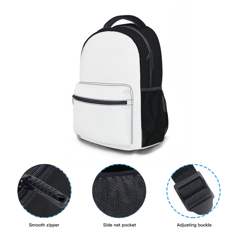 The White One Backpack includes a smooth zipper, side net pockets, and an adjusting buckle.