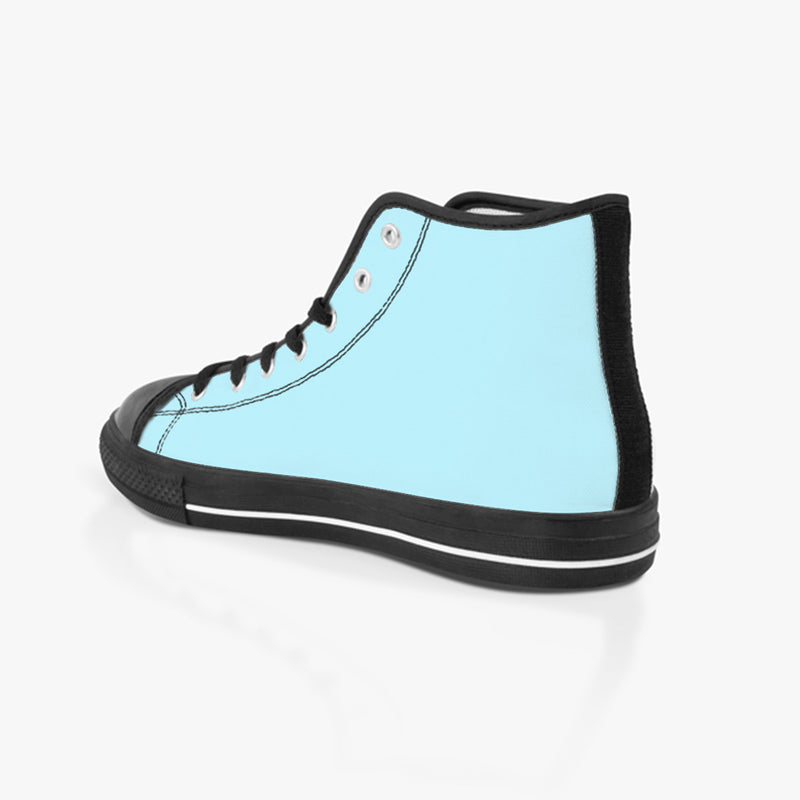 Shy One is a shoe that features a light blue background color with a black outer sole around the perimeter. The top line and lining have a black double stitch surrounding the top coming down the outsides of the black laces down to the black toe tip. The heel cap up to the top line features a thick black stripe to match the outer sole